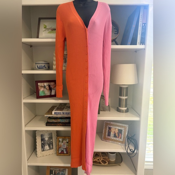 STAUD Shoko Long Sleeve Colorblock Two Tone Dress - Orange and Pink - Picture 2 of 4
